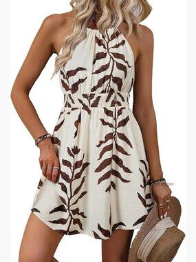 Summer Halter Neck Smocked Waist Flowy Mini Dress with Pockets